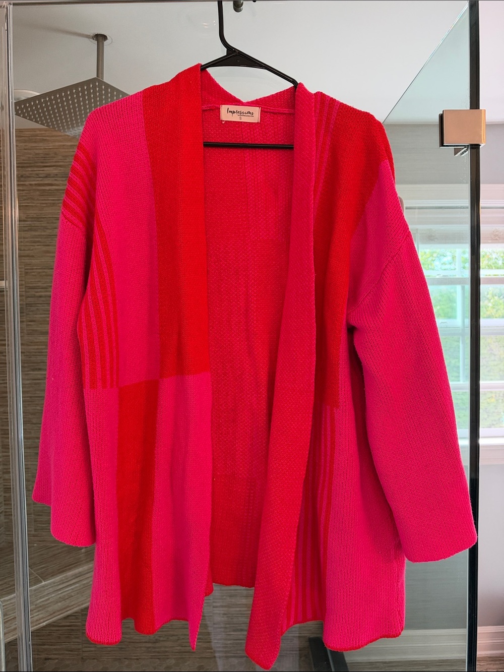 Impressions Pink & Red Colorblock Open-Front Women’s Cardigan